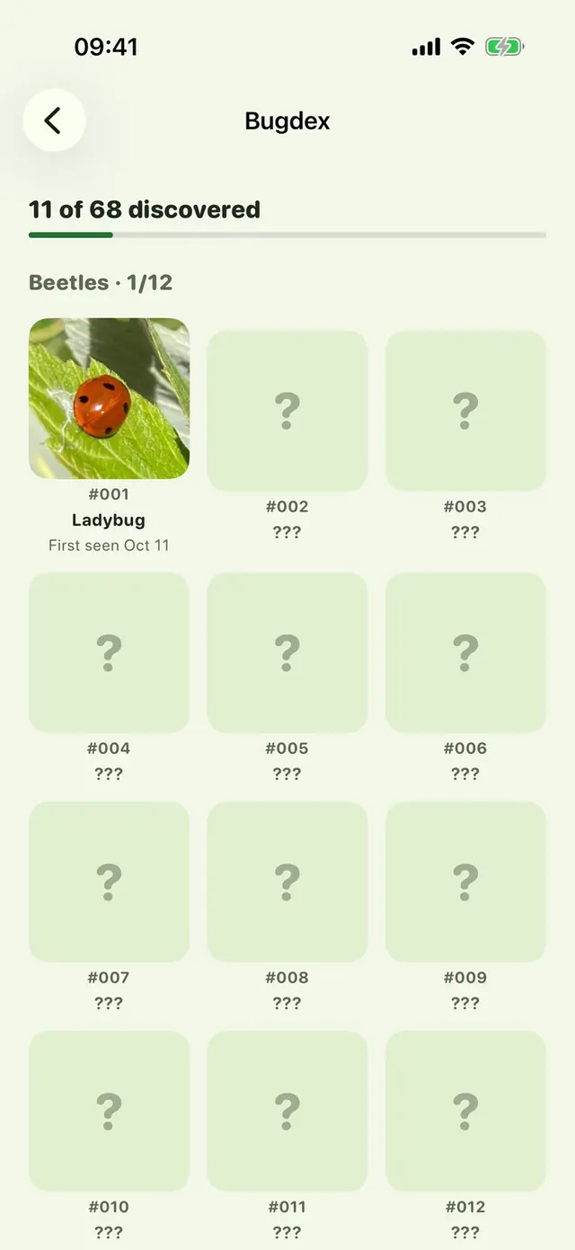 Buglet app screen: The Bugdex: the 68 bugs you're most likely to meet