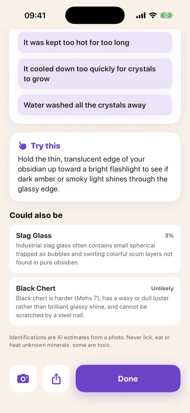 Rockbud app screen: Could also be: obsidian or slag glass, and how to tell