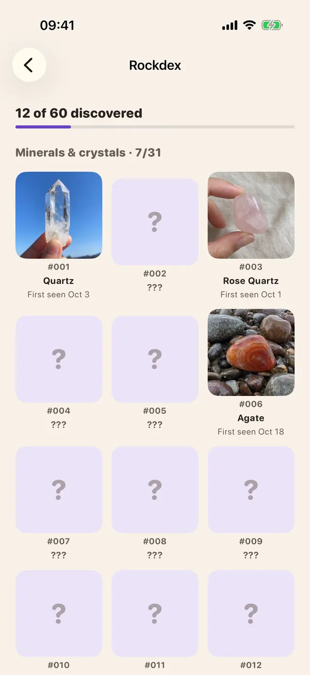 Rockbud app screen: The Rockdex: 60 classic finds to collect
