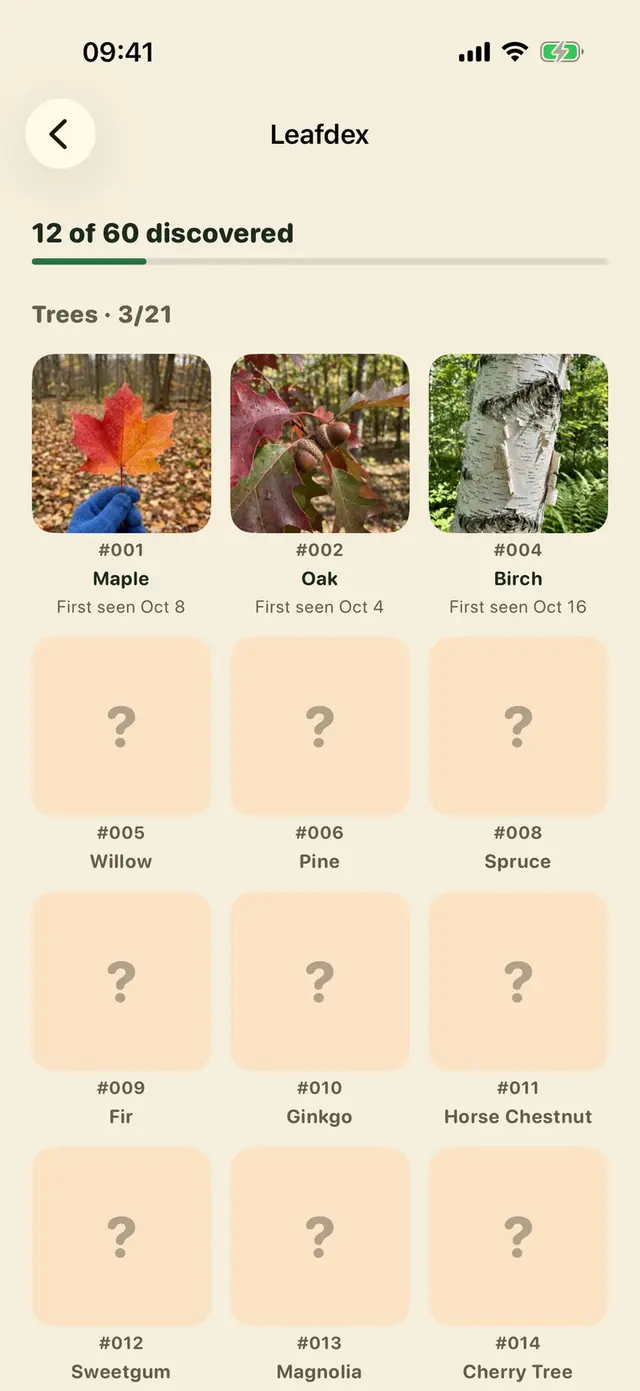 Sprout Scout app screen: The Leafdex: 60 plants every family can find